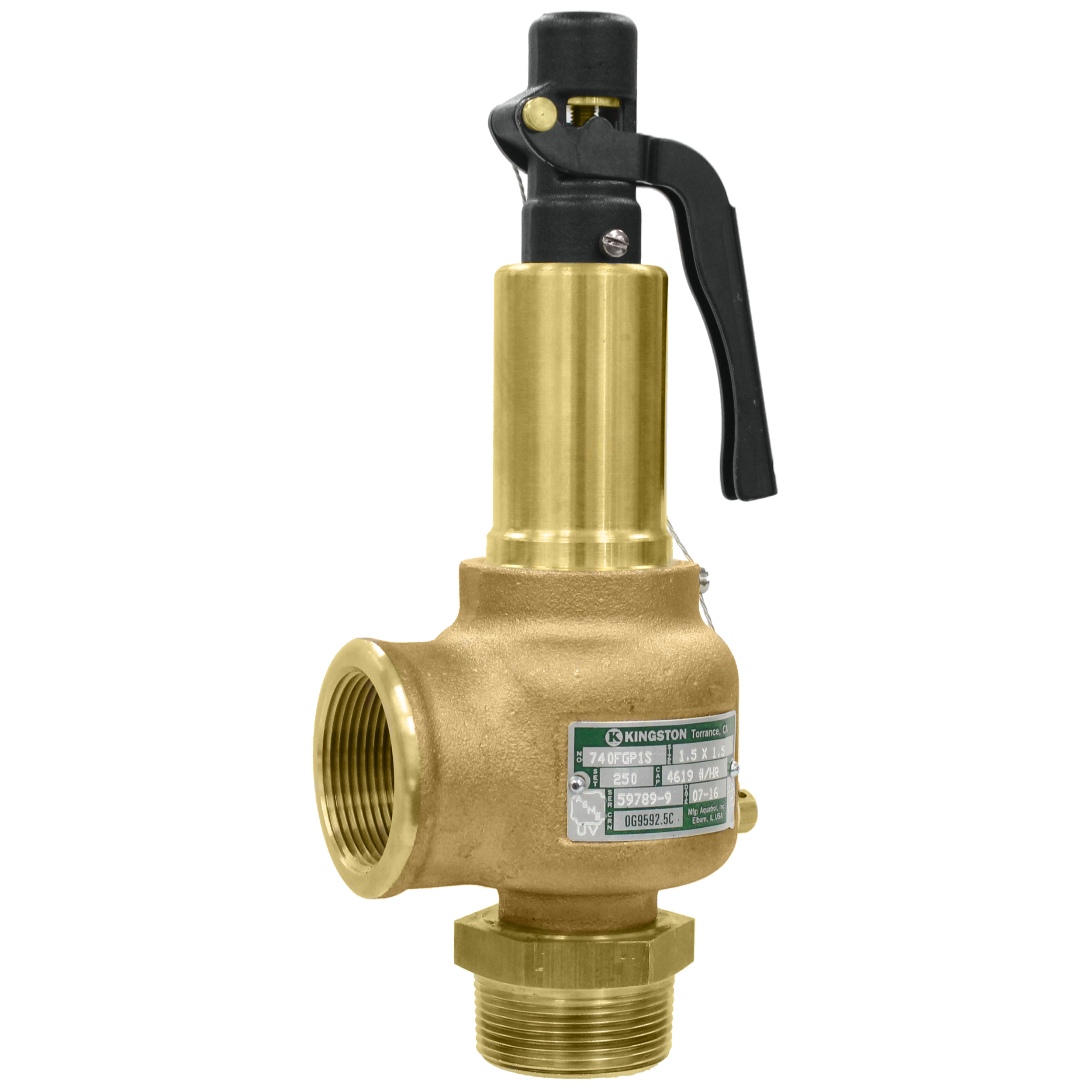 225 psi 1/2 Inlet x 1 Outlet ASME Section VIII Air/Gas Buna-N Disc Kingston Valves 710D46N1K1-225 Model 710 Safety Valve Open Lever 1/2 Inlet x 1 Outlet Brass Body and Trim D Orifice 